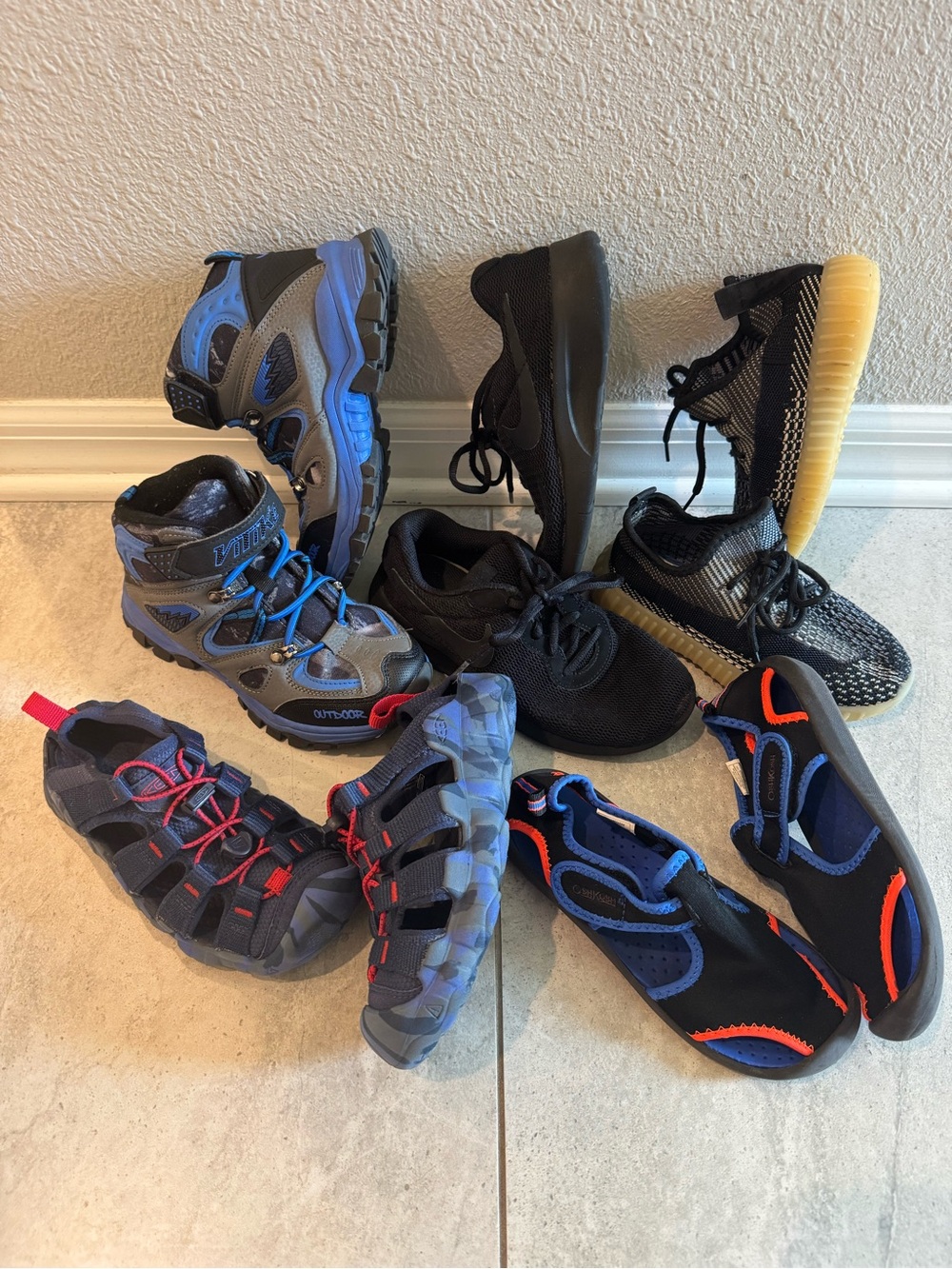 5pairs of Boy’s size 1- Sneakers, Hybrid, Water Shoes, & Hiking Boot